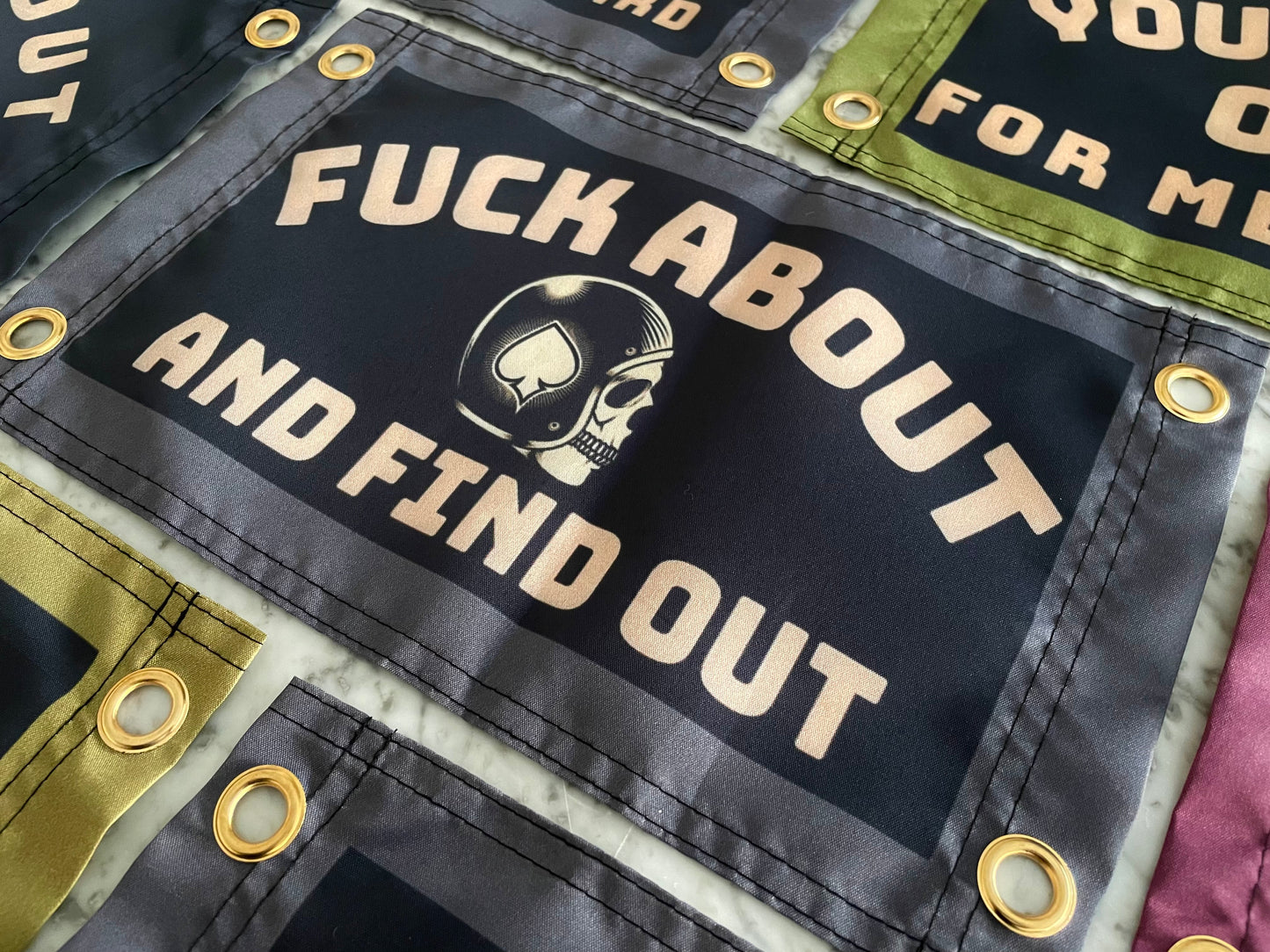 'FUCK ABOUT AND FIND OUT' (Skull Biker) Wall Pennant