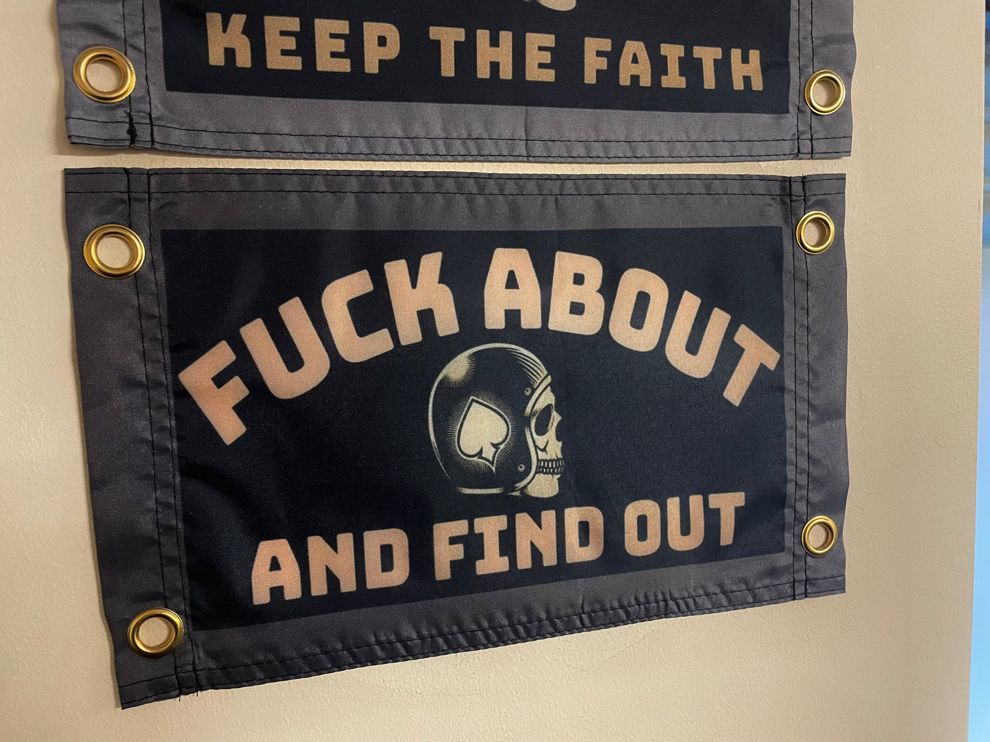 'FUCK ABOUT AND FIND OUT' (Skull Biker) Wall Pennant